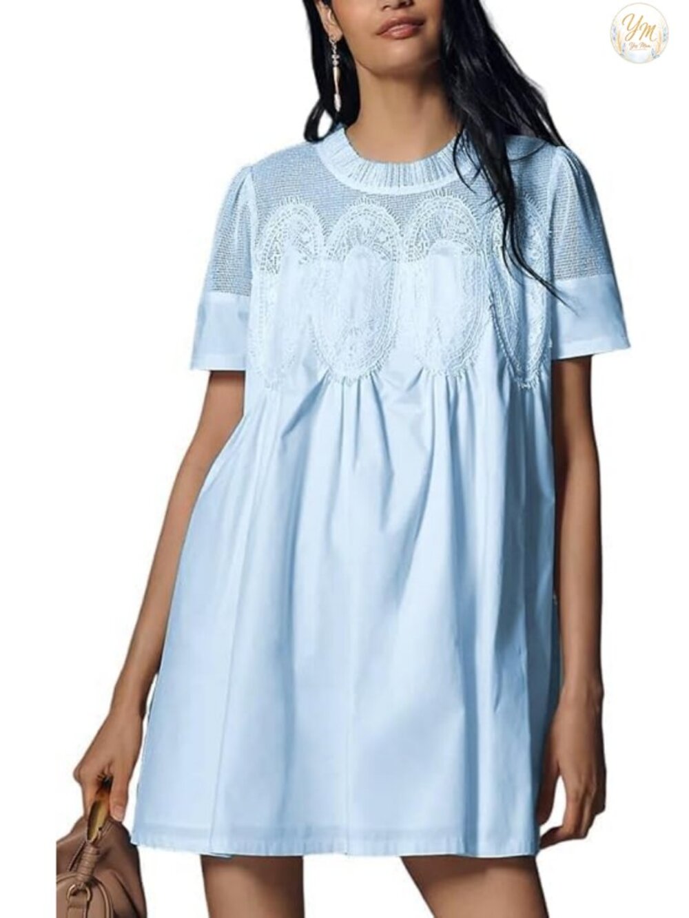Crochet Lace Mini Dress Short Sleeve Sheer Mesh A-Line Boho Casual